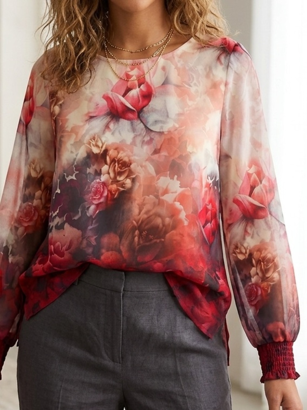Sheer Floral Long-Sleeve Blouse